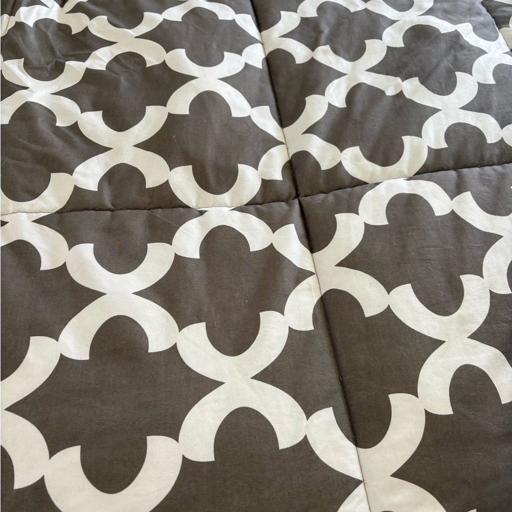 Elegant Brown and White comforter and pair of pillow shams.